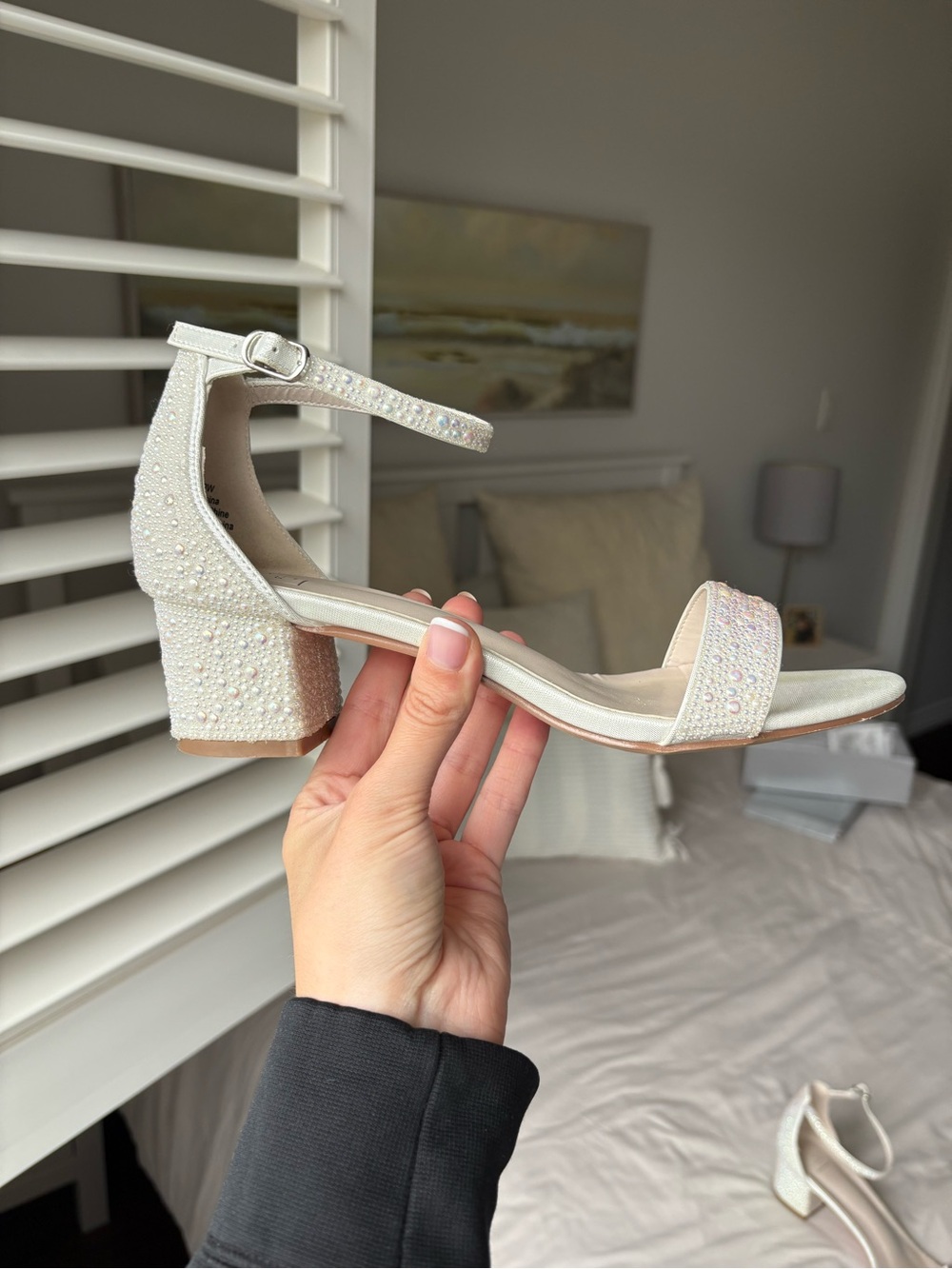 Women's Ivory Pearl Embellished Block Heel Sandals - Ankle Strap